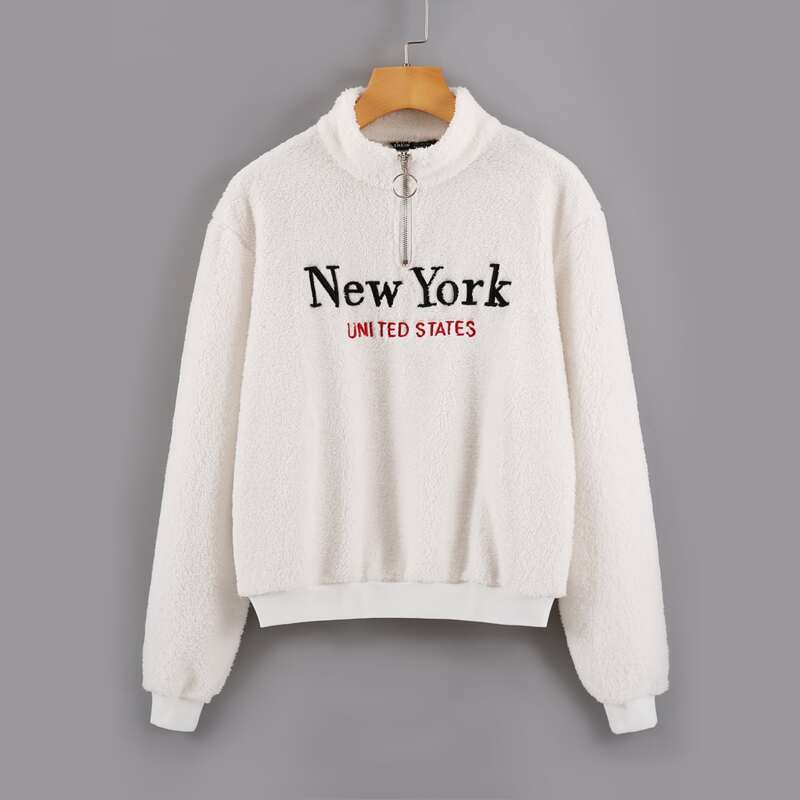 

Letter Embroidery Quarter Zipper Teddy Sweatshirt, Beige