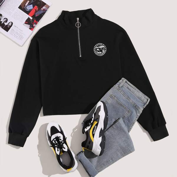 

Badge Print Half Zipper Sweatshirt, Black