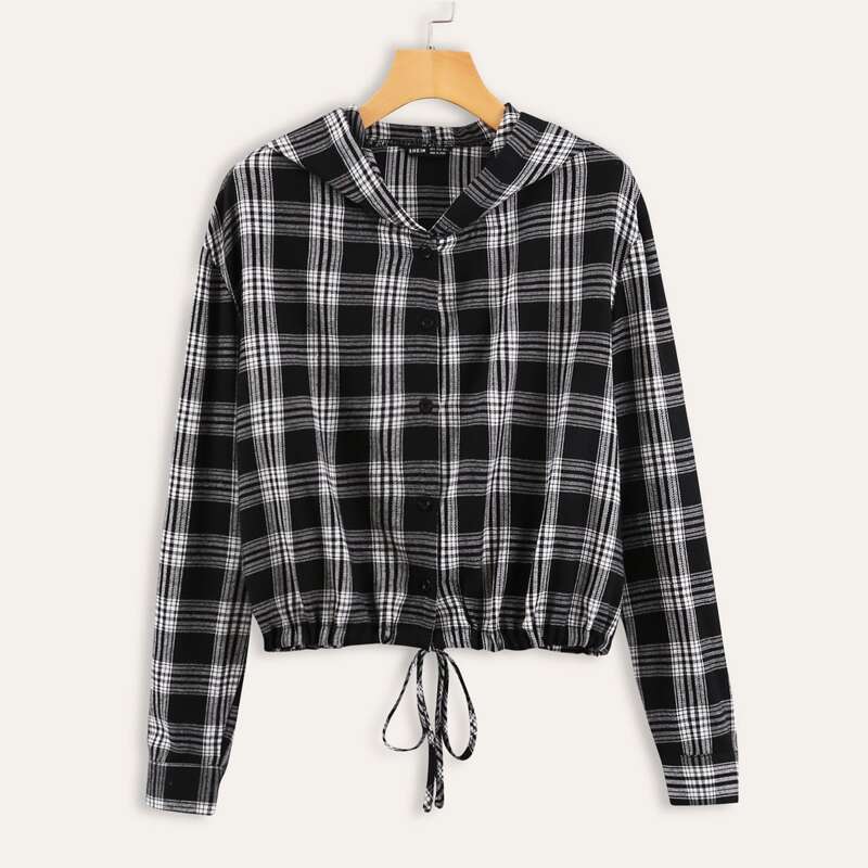 

Plaid Drawstring Hem Hooded Shacket, Black and white