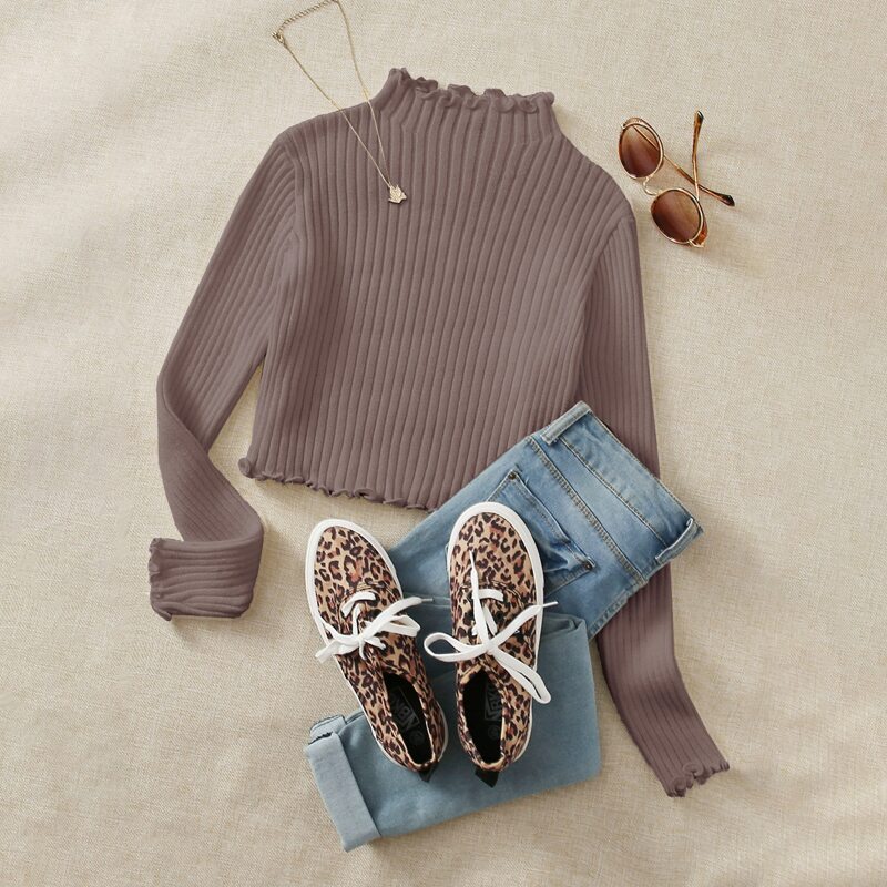 

Lettuce Trim Rib-knit Sweater, Dusty purple
