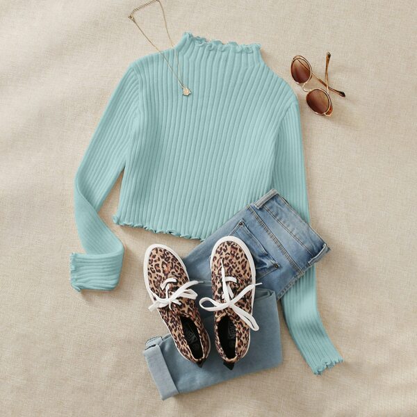 

Lettuce Trim Rib-knit Sweater, Pastel mint blue