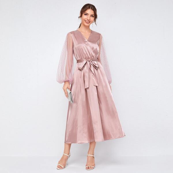 

Swiss Dot Mesh Lantern Sleeve Self Belted Satin Dress, Baby pink