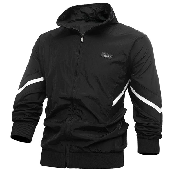 

Men Letter Patched Chevron Print Windbreaker Jacket, Black