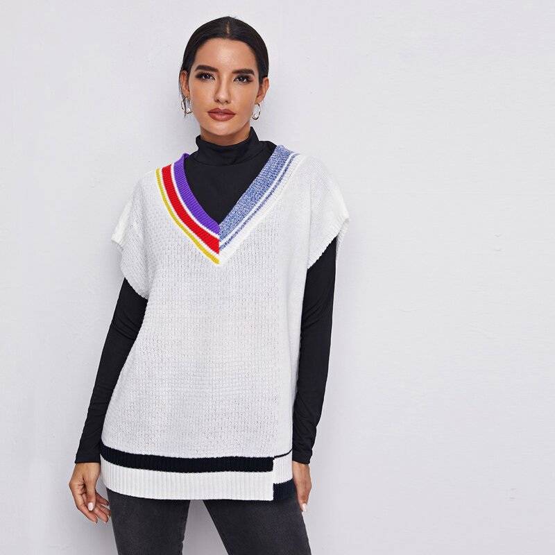 

Striped Trim Knit Top, White