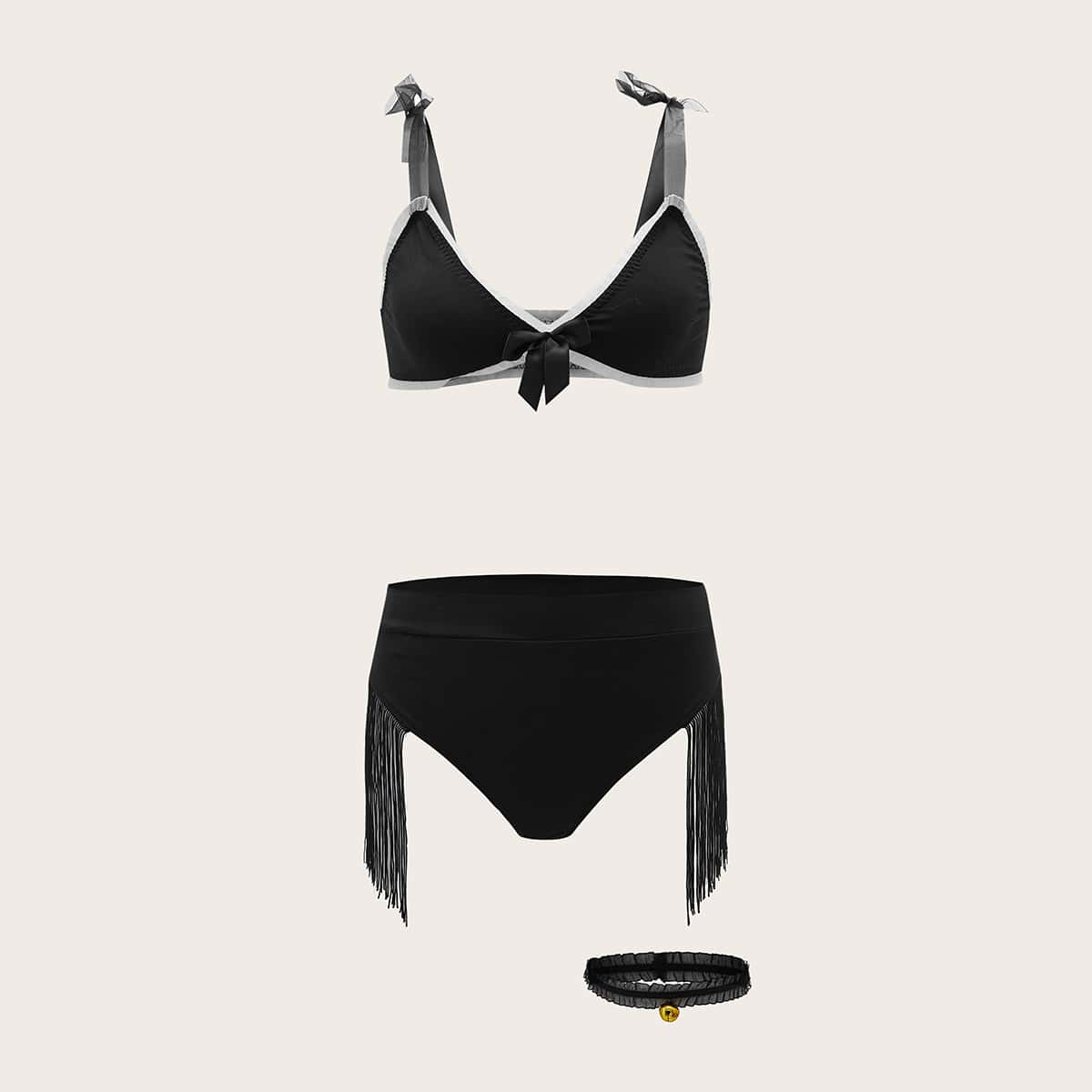 

Fringe Decor Crotchless Lingerie Set & Choker, Black