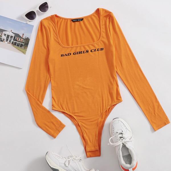

Square Neck Letter Graphic Bodysuit, Orange bright