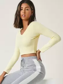 SHEIN BASICS Cotton Solid Crop Top - Yellow - View 1