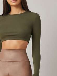 SHEIN BASICS Top crop algodón unicolor - Verde militar - Ver 4