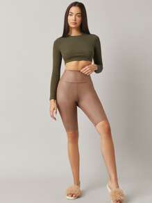 SHEIN BASICS Top crop algodón unicolor - Verde militar - Ver 5