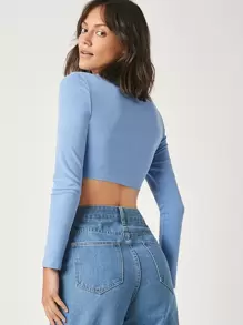 SHEIN BASICS Top crop algodón unicolor - Azul - View 2