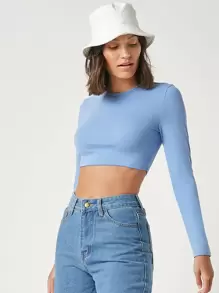 SHEIN BASICS Top crop algodón unicolor - Azul - View 3