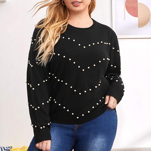 

Plus Chevron Pearls Beaded Sweater, Black