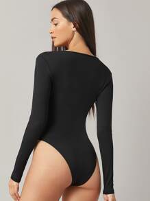 SHEIN BASICS Plunge Neck Solid Fitted Bodysuit - Black - View 2