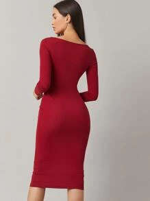 SHEIN BASICS 船領合適合身連衣裙 - 酒紅色 - 查看 2