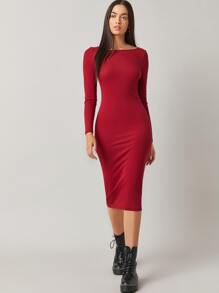 SHEIN BASICS 船領合適合身連衣裙 - 酒紅色 - 查看 3