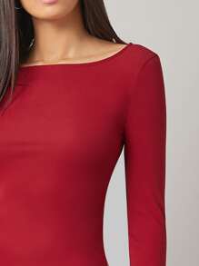 SHEIN BASICS 船領合適合身連衣裙 - 酒紅色 - 查看 4