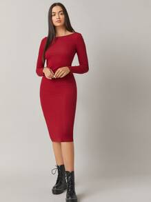 SHEIN BASICS 船領合適合身連衣裙 - 酒紅色 - 查看 5