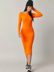 SHEIN BASICS Cotton Neon Orange Boat Neck Form Fitted Dress - Orange - View 1