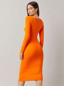 SHEIN BASICS Cotton Neon Orange Boat Neck Form Fitted Dress - Orange - View 2