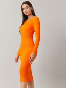 SHEIN BASICS Cotton Neon Orange Boat Neck Form Fitted Dress - Orange - View 3