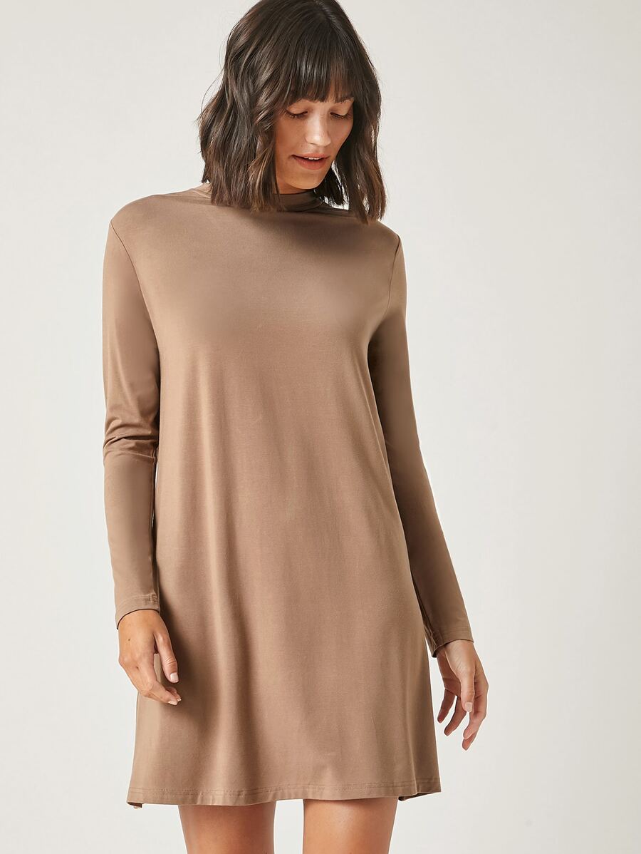 SHEIN BASICS Mock-Neck Solid Dress - Mocha Brown - View 1