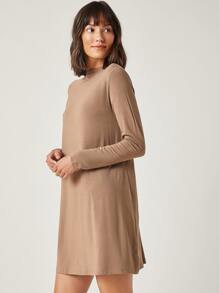 SHEIN BASICS Mock-Neck Solid Dress - Mocha Brown - View 3