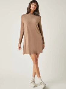 SHEIN BASICS Mock-Neck Solid Dress - Mocha Brown - View 5