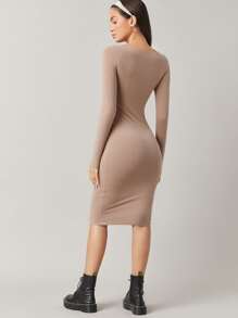 SHEIN BASICS Cotton Solid Boat Neck Bodycon Dress - Mocha Brown - View 2
