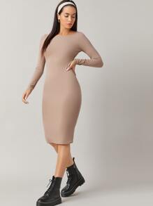 SHEIN BASICS Cotton Solid Boat Neck Bodycon Dress - Mocha Brown - View 3