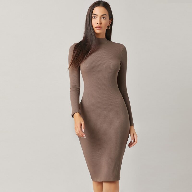 

Stand Collar Bodycon Dress, Coffee brown