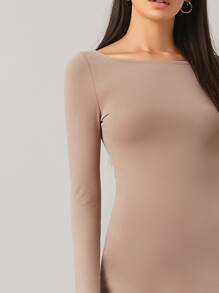 SHEIN BASICS Cotton Solid Boat Neck Bodycon Dress - Mocha Brown - View 4
