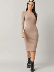 SHEIN BASICS Cotton Solid Boat Neck Bodycon Dress - Mocha Brown - View 5