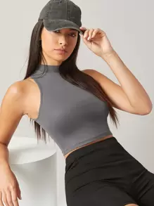 SHEIN BASICS Solid Crop Halter Top - Dark Grey - View 1