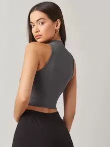 SHEIN BASICS Solid Crop Halter Top - Dark Grey - View 2