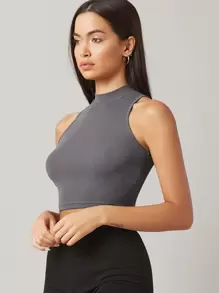 SHEIN BASICS Solid Crop Halter Top - Dark Grey - View 3