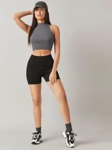 SHEIN BASICS Solid Crop Halter Top - Dark Grey - View 5