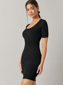 SHEIN BASICS Scoop Neck Bodycon Dress - Black - View 4