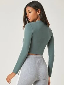SHEIN BASICS Cotton Stand Collar Crop Tee - Cadet Blue - View 2