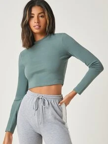 SHEIN BASICS Cotton Stand Collar Crop Tee - Cadet Blue - View 3