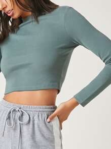SHEIN BASICS Cotton Stand Collar Crop Tee - Cadet Blue - View 4