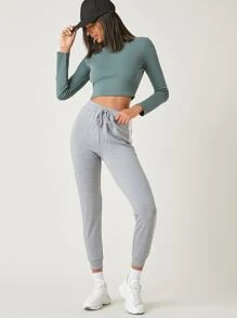 SHEIN BASICS Cotton Stand Collar Crop Tee - Cadet Blue - View 5