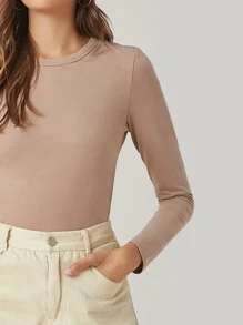 SHEIN BASICS Cotton Solid Form Fitted Tee - Apricot - View 4