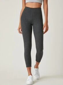 SHEIN BASICS Cotton High Waist Solid Leggings - Dark Grey - View 1