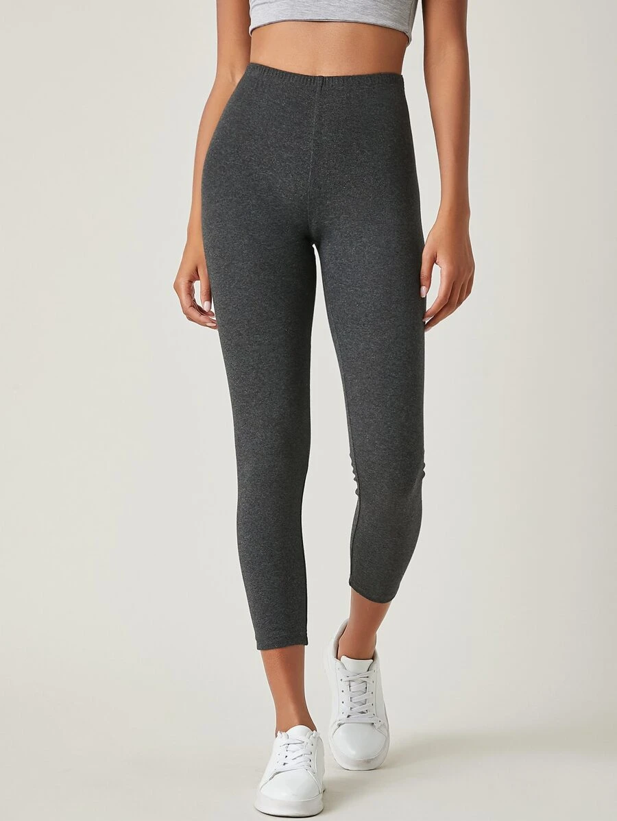 SHEIN BASICS Cotton High Waist Solid Leggings - Dark Grey - View 1