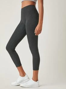 SHEIN BASICS Cotton High Waist Solid Leggings - Dark Grey - View 3