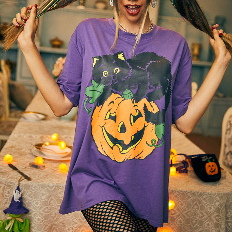 

Halloween Cat & Pumkin Graphic Oversized Tee, Violet purple