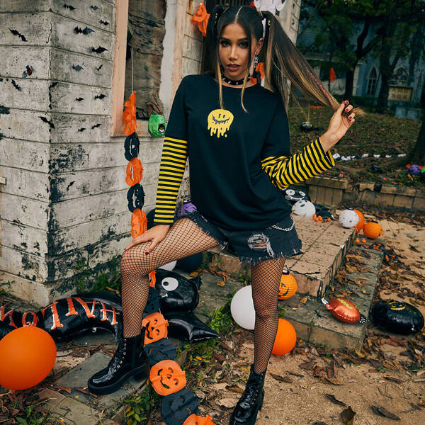 

Halloween Striped & Smile Print 2 In 1 Tee, Black