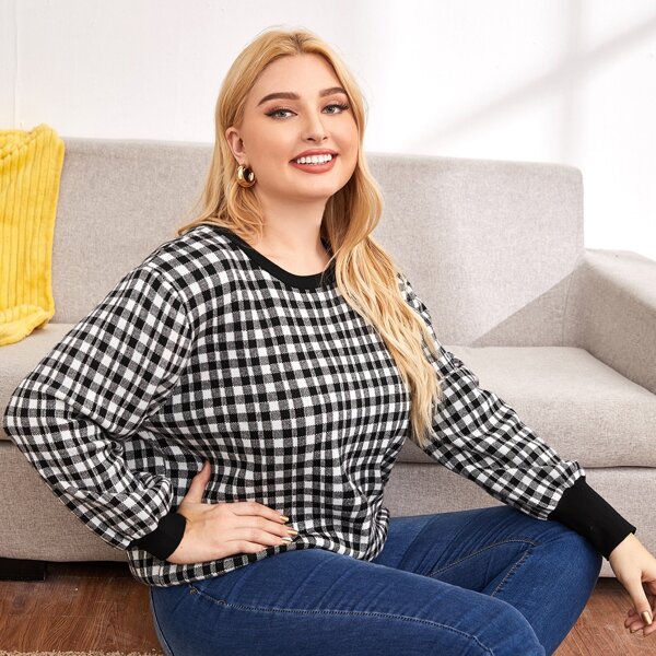 

Plus Drop Shoulder Gingham Sweater, Black and white