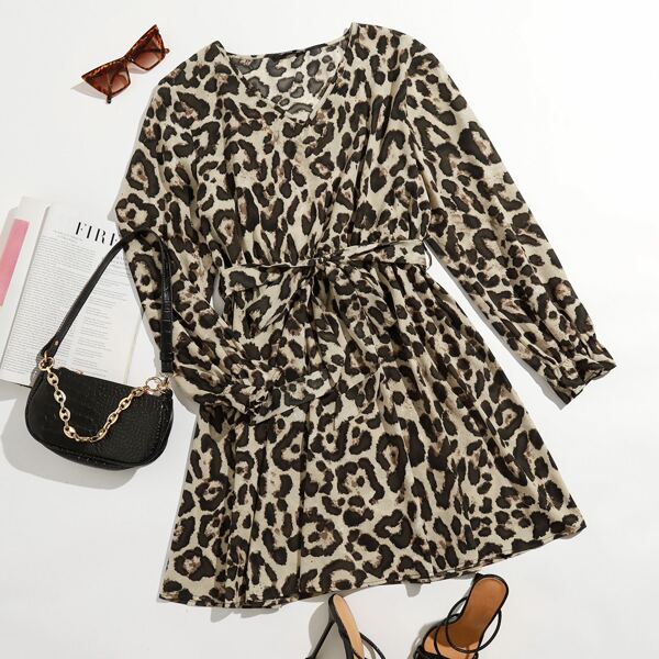 

Plus Leopard Print Belted Dress, Multicolor