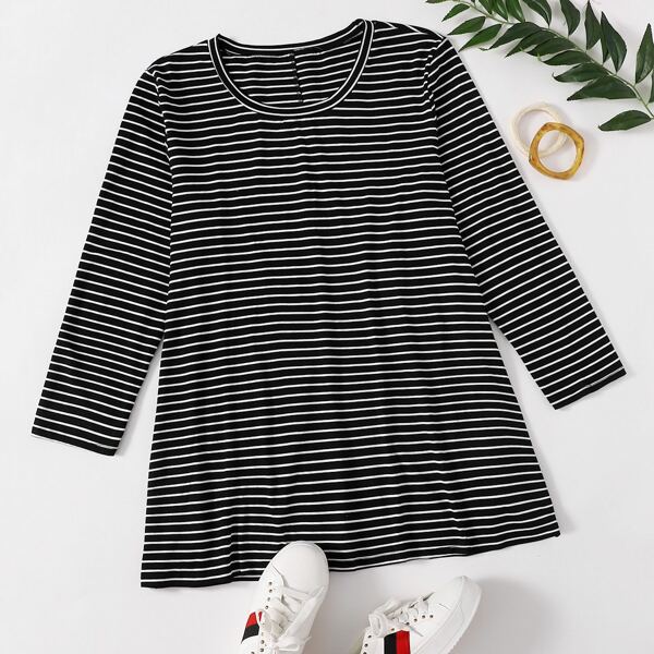 

Plus Round Neck Striped Tee, Black